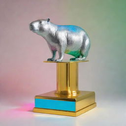 A Jeff Koons style high-shine silver statue of a Capybara on a gold pedestal. The statue is staged against a light array of green, light blue, pink, and yellow with two intersecting red laser beams.