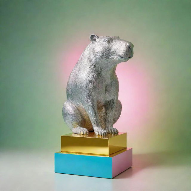 A Jeff Koons style high-shine silver statue of a Capybara on a gold pedestal. The statue is staged against a light array of green, light blue, pink, and yellow with two intersecting red laser beams.