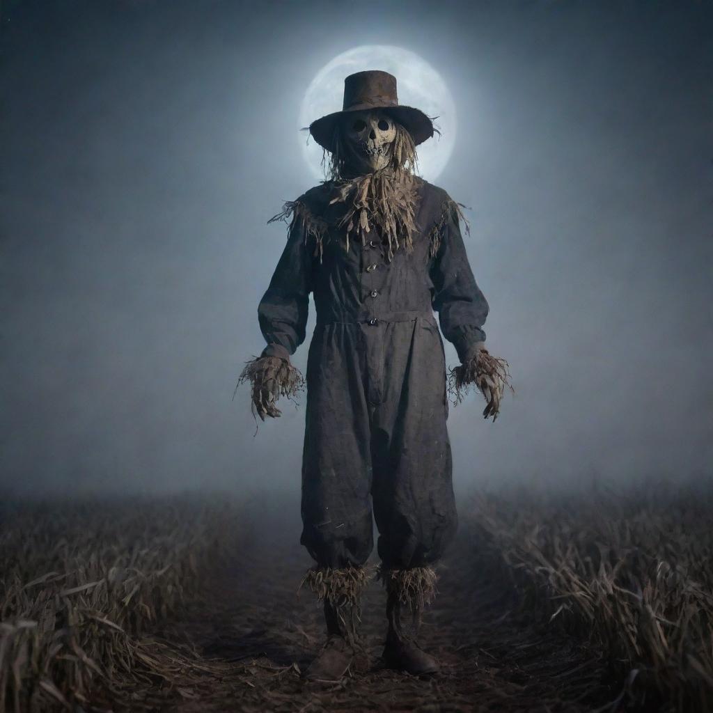 A scarecrow with eerie and spooky features standing alone in a moonlit, misty cornfield