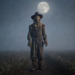 A scarecrow with eerie and spooky features standing alone in a moonlit, misty cornfield