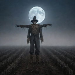 A scarecrow with eerie and spooky features standing alone in a moonlit, misty cornfield