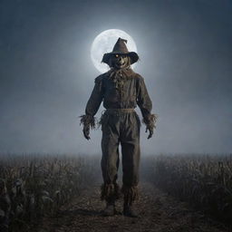 A scarecrow with eerie and spooky features standing alone in a moonlit, misty cornfield