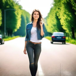 An attractive woman standing on the side of a road, extending her left thumb outward as a signal to passing cars for hitchhiking