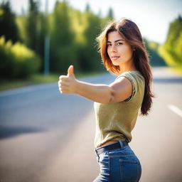 An attractive woman standing on the side of a road, extending her left thumb outward as a signal to passing cars for hitchhiking