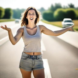 An attractive woman standing on the side of a road, extending her left thumb outward as a signal to passing cars for hitchhiking