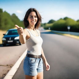 An attractive woman standing on the side of a road, extending her left thumb outward as a signal to passing cars for hitchhiking