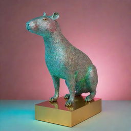 A Germaine Richier styled silver statue of a Capybara set on a gold base. Illuminate it with a combination of green, light blue, pink, and yellow lighting with two intersecting beams of red laser light.