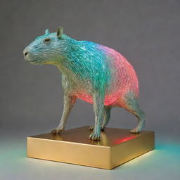 A Germaine Richier styled silver statue of a Capybara set on a gold base. Illuminate it with a combination of green, light blue, pink, and yellow lighting with two intersecting beams of red laser light.