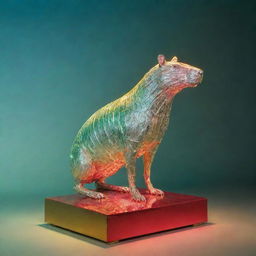 A Germaine Richier styled silver statue of a Capybara set on a gold base. Illuminate it with a combination of green, light blue, pink, and yellow lighting with two intersecting beams of red laser light.