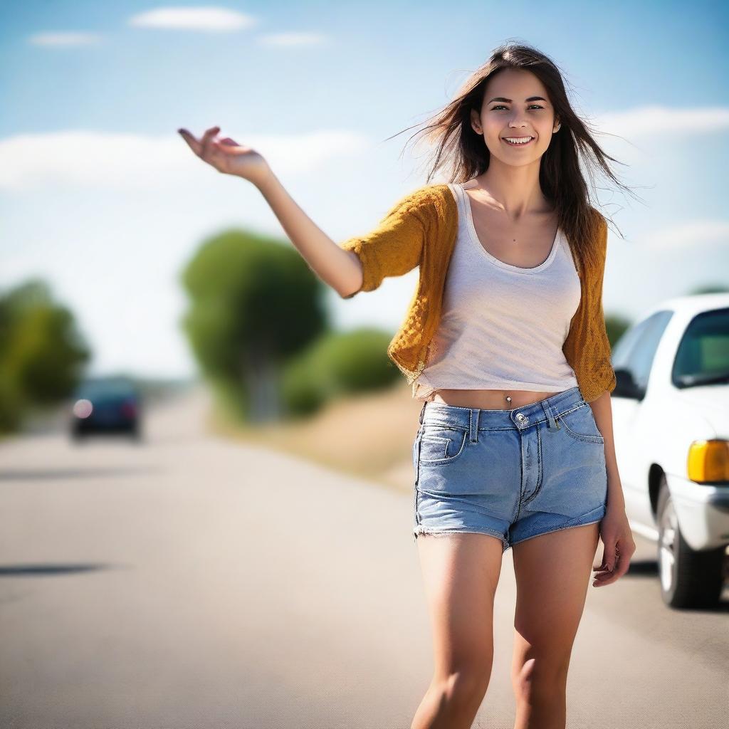 A full-body image of an attractive woman hitchhiking