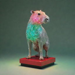 A Germaine Richier styled silver statue of a Capybara set on a gold base. Illuminate it with a combination of green, light blue, pink, and yellow lighting with two intersecting beams of red laser light.