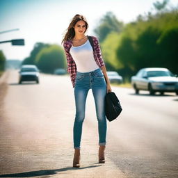 An attractive woman is standing on the side of the road, hitchhiking