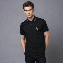 Create an exclusive 'Grim' branded polo shirt. The design should reflect a luxurious yet intimidating aesthetic, blending the brand's dark flair with the sophistication of high-end fashion.