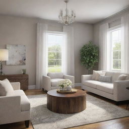 A realistically rendered, cozy, and well-lit room featuring stylish furniture and tasteful decorations.