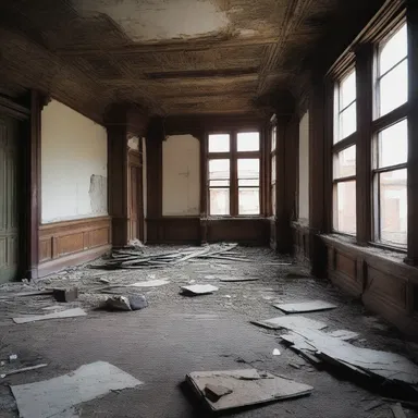 The dilapidated building was filled with broken furniture and decaying woodwork, making it a shit in terms of architectural beauty and interior design.
