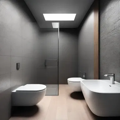 The modern minimalist bathroom design features a sleek toilet to comfortably accommodate the act of shit.