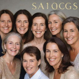 A poignant, emotionally rich group portrait, with 'SAOS+G' etched in glistening letters. Each person looking vibrant, filled with joy, reflecting their bond. Reminiscent elements evoking fond memories surround them.