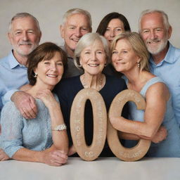 A poignant, emotionally rich group portrait, with 'SAOS+G' etched in glistening letters. Each person looking vibrant, filled with joy, reflecting their bond. Reminiscent elements evoking fond memories surround them.