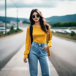 An attractive woman is standing at the roadside, hitchhiking