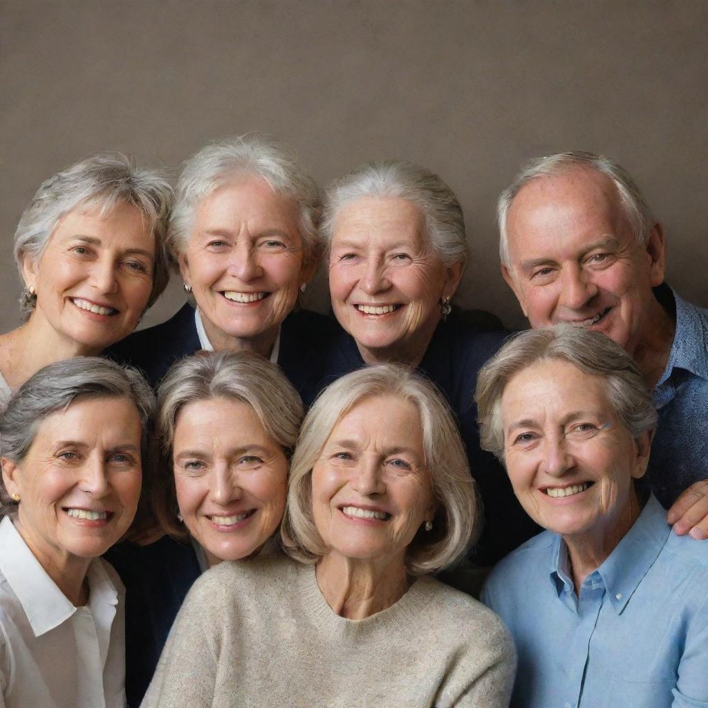 A poignant, emotionally rich group portrait, with 'SAOS+G' etched in glistening letters. Each person looking vibrant, filled with joy, reflecting their bond. Reminiscent elements evoking fond memories surround them.