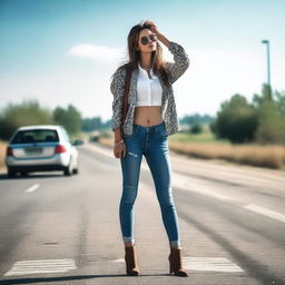 An attractive woman is standing at the roadside, hitchhiking