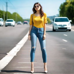 An attractive woman is standing at the roadside, hitchhiking