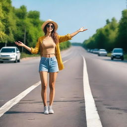 An attractive woman is standing at the roadside, hitchhiking