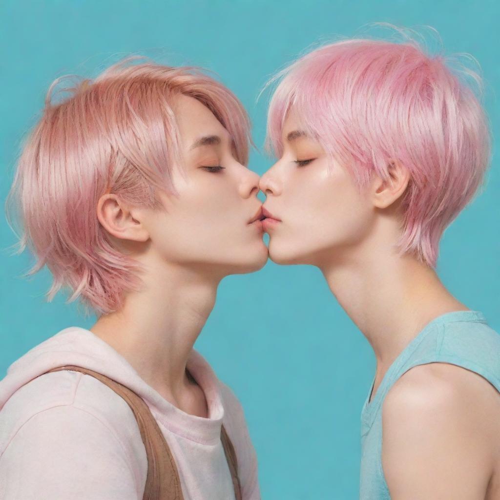 Anime style portrayal of a fair-skinned boy with medium-length cyan hair and closed eyes, being gently kissed on the neck by a tan-skinned boy with light pink hair and closed eyes.