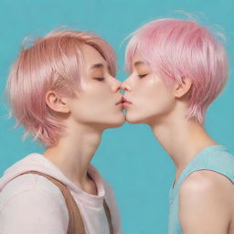 Anime style portrayal of a fair-skinned boy with medium-length cyan hair and closed eyes, being gently kissed on the neck by a tan-skinned boy with light pink hair and closed eyes.