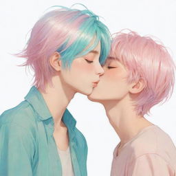 Anime style portrayal of a fair-skinned boy with medium-length cyan hair and closed eyes, being gently kissed on the neck by a tan-skinned boy with light pink hair and closed eyes.