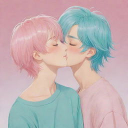 Anime style portrayal of a fair-skinned boy with medium-length cyan hair and closed eyes, being gently kissed on the neck by a tan-skinned boy with light pink hair and closed eyes.