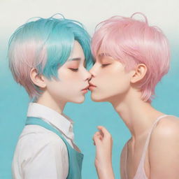 Anime style portrayal of a fair-skinned boy with medium-length cyan hair and closed eyes, being gently kissed on the neck by a tan-skinned boy with light pink hair and closed eyes.