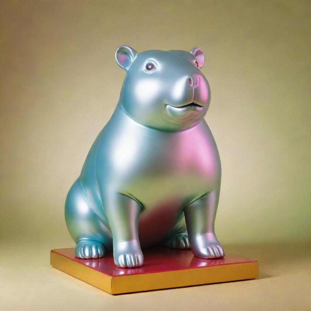 A Fernando Botero styled inflated silver statue of a Capybara set on a gold base. The backdrop is lit in hues of green, light blue, pink, and yellow with two intersecting red laser beams.