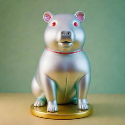 A Fernando Botero styled inflated silver statue of a Capybara set on a gold base. The backdrop is lit in hues of green, light blue, pink, and yellow with two intersecting red laser beams.