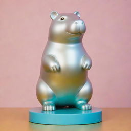 A Fernando Botero styled inflated silver statue of a Capybara set on a gold base. The backdrop is lit in hues of green, light blue, pink, and yellow with two intersecting red laser beams.