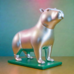 A Fernando Botero styled inflated silver statue of a Capybara set on a gold base. The backdrop is lit in hues of green, light blue, pink, and yellow with two intersecting red laser beams.