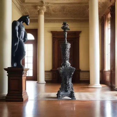 The grand foyer of the mansion was adorned with ornate sculptures, including a statuette of a carnivorous bat perched on a vine-covered pedestal.