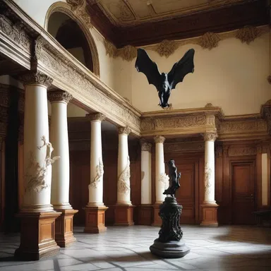 The grand foyer of the mansion was adorned with ornate sculptures, including a statuette of a carnivorous bat perched on a vine-covered pedestal.