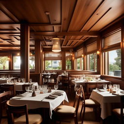 A bustling restaurant scene filled with happy customers, refined wooden furniture, tasteful decor, gleaming silverware, and delicious food served on elegant white plates.