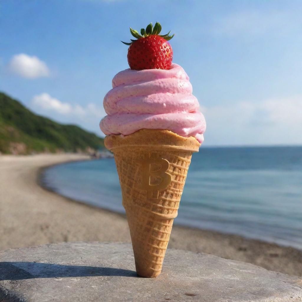 A Bitcoin icon indulging in a strawberry ice cream by the seaside.