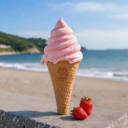 A Bitcoin icon indulging in a strawberry ice cream by the seaside.