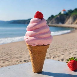 A Bitcoin icon indulging in a strawberry ice cream by the seaside.