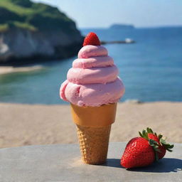 A Bitcoin icon indulging in a strawberry ice cream by the seaside.