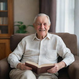 A dignified elderly man with wise eyes and a gentle smile, sitting comfortably in a cushioned armchair, book in hand