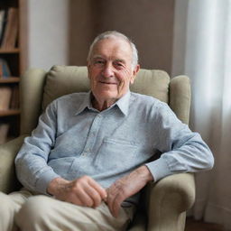 A dignified elderly man with wise eyes and a gentle smile, sitting comfortably in a cushioned armchair, book in hand