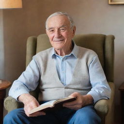 A dignified elderly man with wise eyes and a gentle smile, sitting comfortably in a cushioned armchair, book in hand