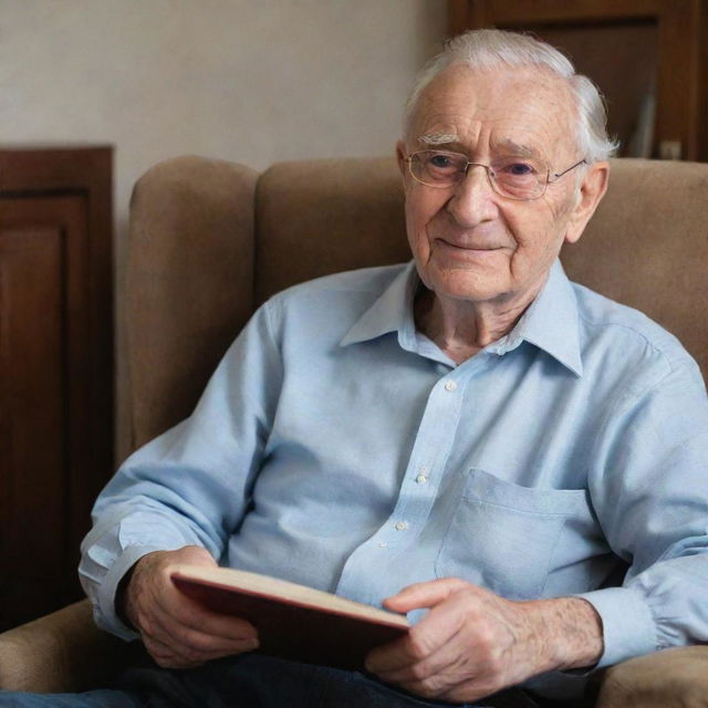 A dignified elderly man with wise eyes and a gentle smile, sitting comfortably in a cushioned armchair, book in hand