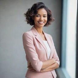 A confident woman standing tall with a pleasant smile on her face, her hair styled elegantly, and dressed in contemporary fashion.