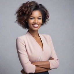 A confident woman standing tall with a pleasant smile on her face, her hair styled elegantly, and dressed in contemporary fashion.