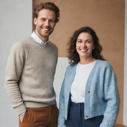 A man and woman standing together, both dressed in contemporary fashion, smiling warmly. They are exhibiting camaraderie and companionship.